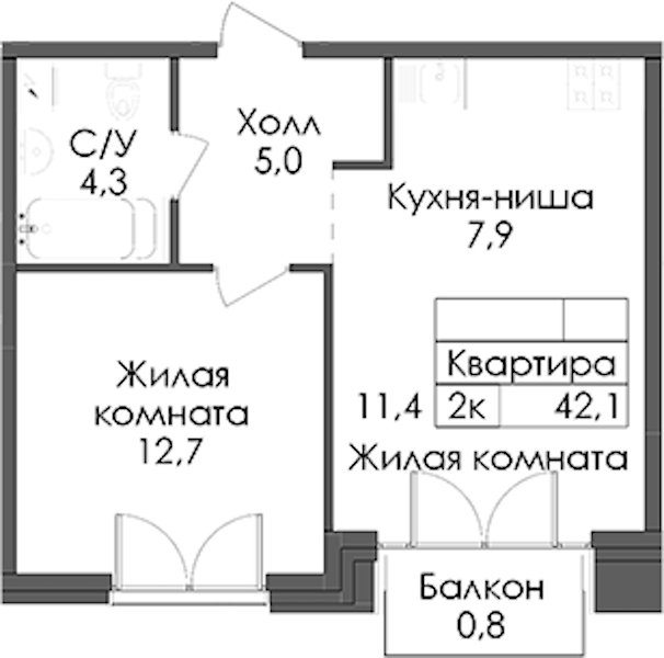 1-комнатная квартира 42.1 м², 7/9 эт., ЖК «Лермонтовский 54»